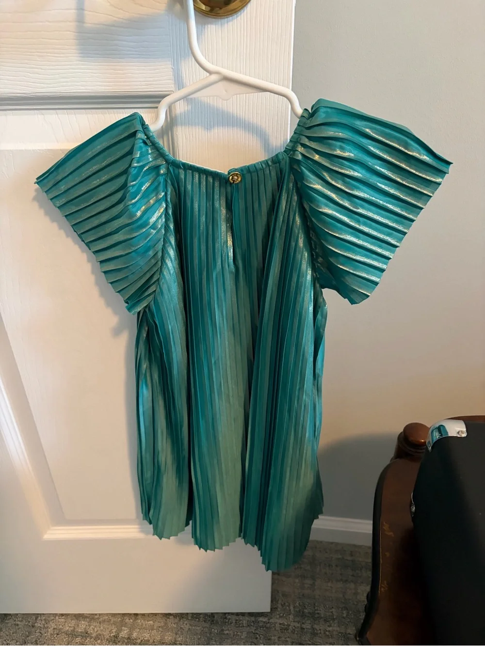 OshKosh B'gosh Teal Pleated Flutter-Sleeve Liquid Gold Girls Top or Dress EUC